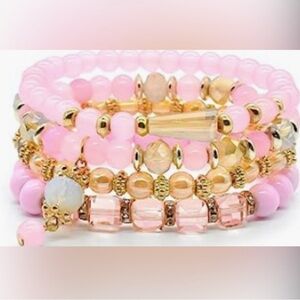 NEW Set of 4 pink beaded bohemian stretchy stackable bracelets